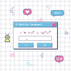 A dialog box with a robot check. A captcha window in style of an old computer. Nostalgic retro 90s user interface. Pixel stickers with icons. Vector illustration on a notebook sheet in a cage.
