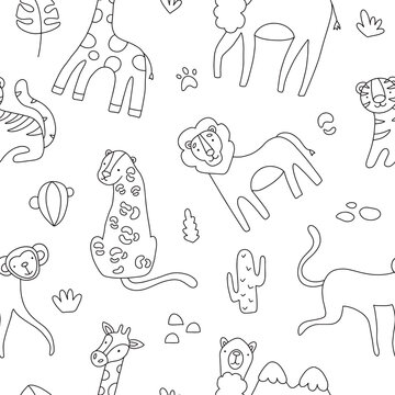 Seamless pattern in doodle style, set of cute children's illustrations of African animals, giraffe, monkey, tiger, lion, cheetah, camel.