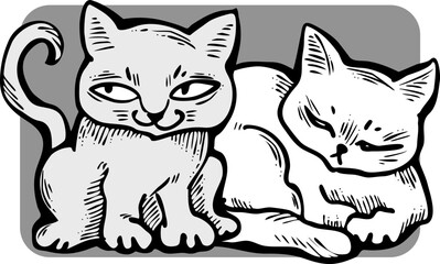 Cute cats friends sitting together. Decorative border, banner, postcard, poster print for kids room or birthday. Logo design for veterinary. Hand drawn illustration. Cartoon character vector drawing.