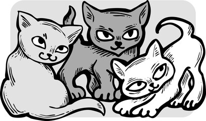 Cute cats friends sitting together. Decorative border, banner, postcard, poster print for kids room or birthday. Logo design for veterinary. Hand drawn illustration. Cartoon character vector drawing.