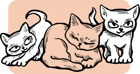 Cute cats friends sitting together. Decorative border, banner, postcard, poster print for kids room or birthday. Logo design for veterinary. Hand drawn illustration. Cartoon character vector drawing.