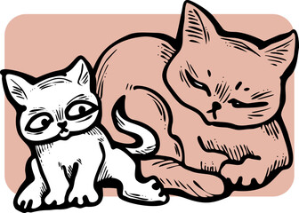 Cute cats friends sitting together. Decorative border, banner, postcard, poster print for kids room or birthday. Logo design for veterinary. Hand drawn illustration. Cartoon character vector drawing.