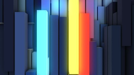 Animated modern background of glowing blocks. Luminescent 3d rectangles. Randomly moving pistons. Gravity. Computer screensaver for art, technology, business, intro, logo. 4k