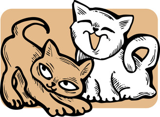 Cute cats friends sitting together. Decorative border, banner, postcard, poster print for kids room or birthday. Logo design for veterinary. Hand drawn illustration. Cartoon character vector drawing.