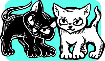 Cute cats friends sitting together. Decorative border, banner, postcard, poster print for kids room or birthday. Logo design for veterinary. Hand drawn illustration. Cartoon character vector drawing.