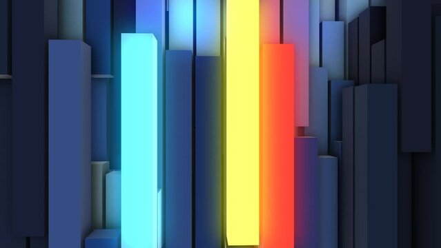 Animated modern background of glowing blocks. Luminescent 3d rectangles. Randomly moving pistons. Gravity. Computer screensaver for art, technology, business, intro, logo. 4k