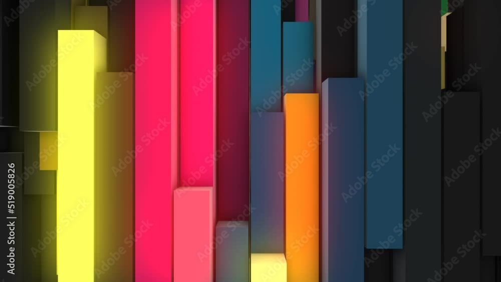 Poster animated modern background of glowing blocks. luminescent 3d rectangles. randomly moving pistons. gr
