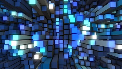 Blue animated glowing background. Chaotically moving pistons. 3d rectangles. Musical wave. Mechanical blocks. Puzzle, mosaic. Screensaver for games, presentations, business, intro. 4k