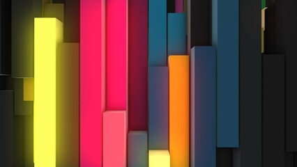 Animated modern background of glowing blocks. Luminescent 3d rectangles. Randomly moving pistons. Gravity. Computer screensaver for art, technology, business, intro, logo. 4k - Powered by Adobe