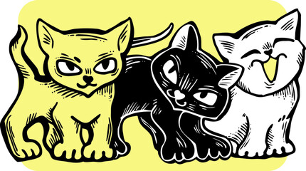 Cute cats friends sitting together. Decorative border, banner, postcard, poster print for kids room or birthday. Logo design for veterinary. Hand drawn illustration. Cartoon character vector drawing.