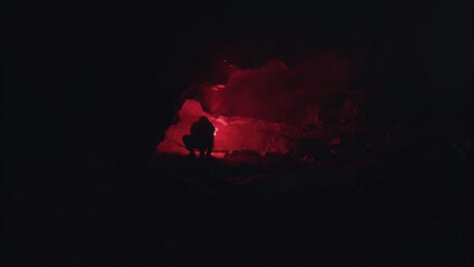 Silhouette of a man exploring a cave with a red burning signal flare in complete dark. Stock...