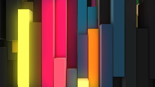 Animated modern background of glowing blocks. Luminescent 3d rectangles. Randomly moving pistons. Gravity. Computer screensaver for art, technology, business, intro, logo. 4k