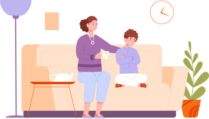 Mother talking son. Mom comforting sad child, parent kid communication, serious family talk with baby boy, tea conversation, parents hug love children, vector illustration