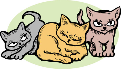 Cute cats friends sitting together. Decorative border, banner, postcard, poster print for kids room or birthday. Logo design for veterinary. Hand drawn illustration. Cartoon character vector drawing.