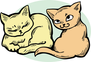 Cute cats friends sitting together. Decorative border, banner, postcard, poster print for kids room or birthday. Logo design for veterinary. Hand drawn illustration. Cartoon character vector drawing.