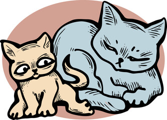 Cute cats friends sitting together. Decorative border, banner, postcard, poster print for kids room or birthday. Logo design for veterinary. Hand drawn illustration. Cartoon character vector drawing.