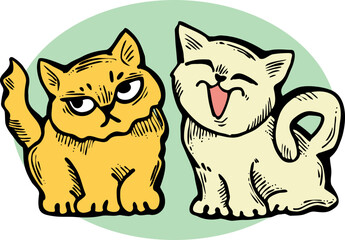 Cute cats friends sitting together. Decorative border, banner, postcard, poster print for kids room or birthday. Logo design for veterinary. Hand drawn illustration. Cartoon character vector drawing.