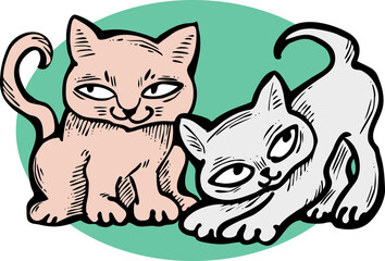 Fototapeta na wymiar Cute cats friends sitting together. Decorative border, banner, postcard, poster print for kids room or birthday. Logo design for veterinary. Hand drawn illustration. Cartoon character vector drawing.
