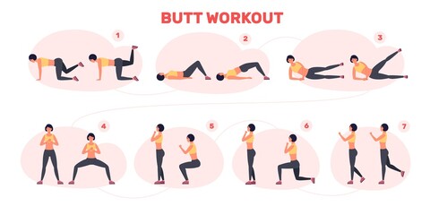 Butt workout. Steps fitness exercise training buttocks exercising squat lower back for joint body fit leg hips thigh lunges position guide woman muscles, garish vector illustration