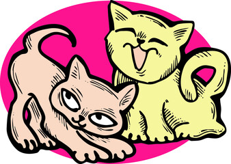 Cute cats friends sitting together. Decorative border, banner, postcard, poster print for kids room or birthday. Logo design for veterinary. Hand drawn illustration. Cartoon character vector drawing.