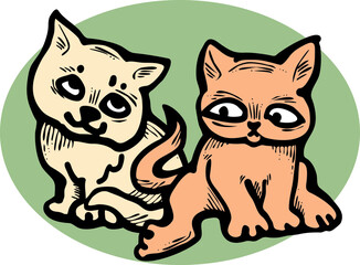 Cute cats friends sitting together. Decorative border, banner, postcard, poster print for kids room or birthday. Logo design for veterinary. Hand drawn illustration. Cartoon character vector drawing.