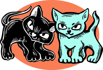 Cute cats friends sitting together. Decorative border, banner, postcard, poster print for kids room or birthday. Logo design for veterinary. Hand drawn illustration. Cartoon character vector drawing.