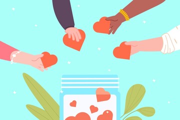 Hands giving heart in jar. Large donation for needy people, hand donate love compassion concept, generous gift volunteer community share humanitarian help hope, vector illustration