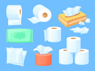 Cartoon paper towel. Papers tissue box wc toilet roll, flatly napkins for wipe nose, wet sanitary wrap napkin clean kitchen household used bathroom hygiene neat vector illustration