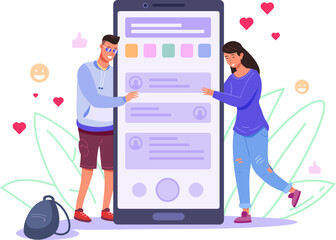 Teenagers hugging phone. Teen man and woman hug screen giant smartphone, digital addiction usage mobile device, people using cellphone social communication vector illustration