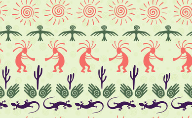 Kokopelli with flute, pangolin, hawk, sun symbol, hands and plant tribal vector seamless pattern.