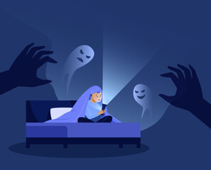 Children nightmares. Anxiety kid under blanket scared of monster bed dark room, child nightmare fear ghost boy afraid boogeyman darkness bedroom horror cartoon vector illustration
