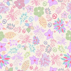 Pastel colored floral seamless pattern. Abstract flowers and leaves from fantasy fairytale garden seamless repeat cool pattern design. Suitable for graphics, cards, decorations, mugs and many more.