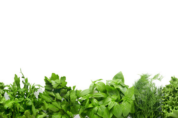 Obraz premium Fresh green herbs. Frame of fresh basil, dill, sage, parsley, arugula on white background. Healthy food. Top view. Mock up. Copy space.