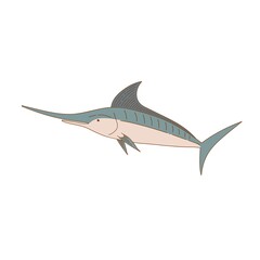 Swordfish cartoon vector illustration isolated on white background. Modern icon with marlin 