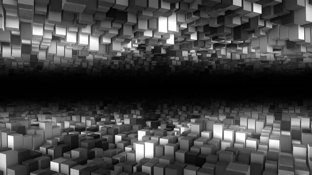 Animated halftone background frame. Randomly moving puzzle, mosaic. 3d rendering. Abstract musical wave, made of monochrome rectangles. Screensaver for games, presentations, business, logo. 4k