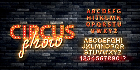 Vector realistic isolated retro marquee billboard with electric light lamps of Circus Show logo with alphabet font on the wall background. © comicsans