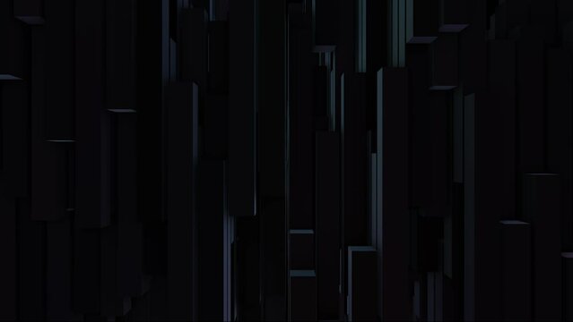 Modern animated black background of blocks. 3d rectangles. Glowing shadow. Randomly moving pistons. Gravity. Computer screensaver for art, technology, business, intro, logo. 4k