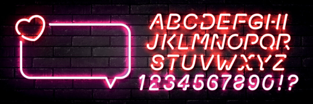 Vector realistic isolated neon sign of Heart Speech Bubble logo with easy to change color alphabet font on the wall background.