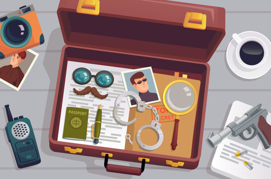 Detective briefcase. Open suitcase with spy surveillance tools investigation equipment on police desk, secret agent bag luggage folder files mission, ingenious vector illustration