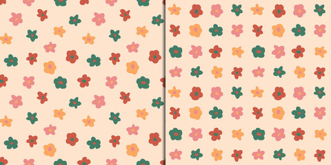 floral pattern 2 in 1 regular grid and random. pastel colors, simple shapes, vyntage style