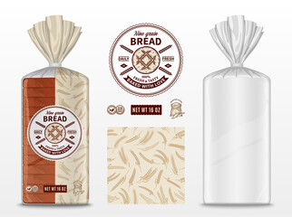 Vector bread package design. Transparent plastic bag package mockup. Bread and bakery branding and identity design elements
