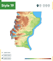 Santa Cruz, Argentina - high detailed physical map. Vector map. Dem map.