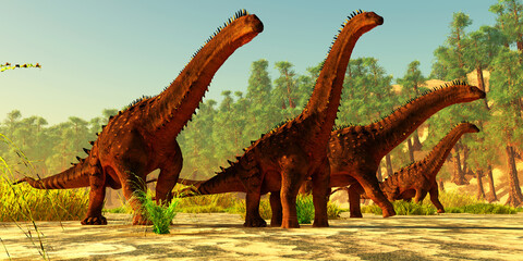 Alamosaurus Misty Day - A herd of Alamosaurus sauropod dinosaurs walk together on a Cretaceous day of North America. © Catmando