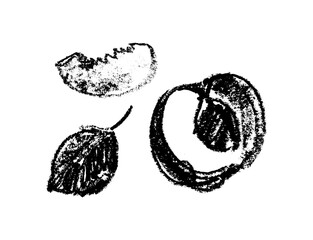 Peach symbol isolated. Black hand drawn nectarine sketch drawing. Stencil style icon of plum illustration for baby food logo, juice label design, prune sign, fruity packaging. Vector apricot insignia.