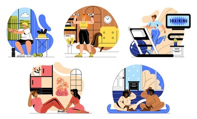 Set of people doing sports at home. Men and women perform physical exercises, squat, raise dumbbells and practice yoga. Workout or training. Cartoon flat vector collection isolated on white background
