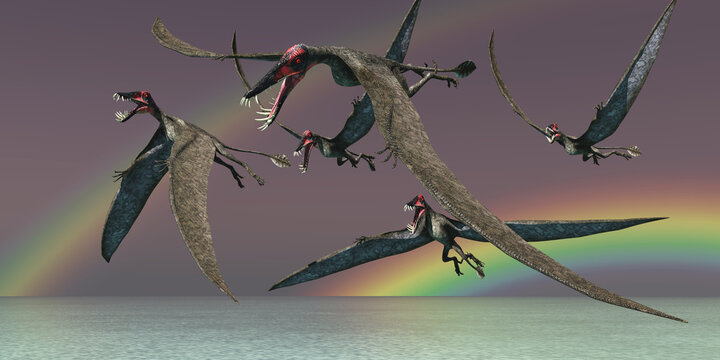 Dorygnathus Reptiles at Sea - A flock of Dorygnathus Pterosaur reptiles fly over the sea during the Jurassic Period of Europe.