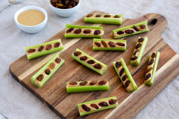 Homemade ants on a log with celery, peanut butter and raisins on a wooden board, side view.
