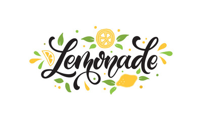 Lemonade handwritten text and lemon slices isolated on white background. Elegant modern brush calligraphy. Hand lettering for poster, postcard, sticker, logo, sign. Vector illustration in doodle style
