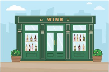 Wine shop on the street. White, red, rose wine in bottles on the shop window of the store. Front facade of the wine shop. Vector illustration.