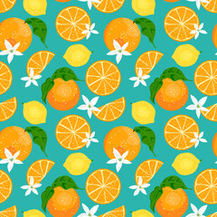 Orange, lemon pattern. Tropical citrus fruits leaves, flowers seamless pattern background.